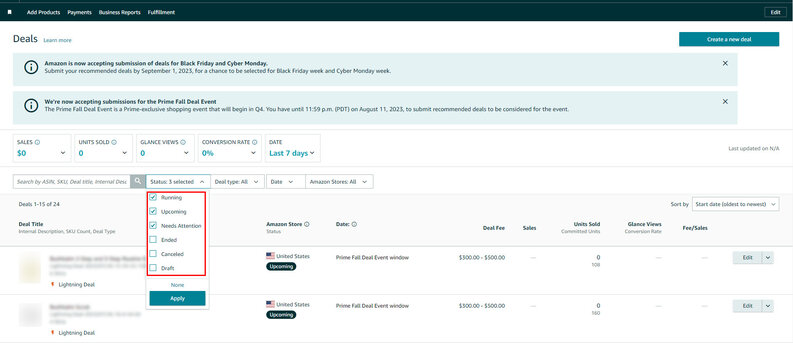 Amazon Seller Central - Deals Dashboard - Status