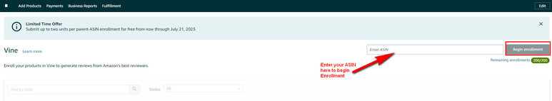 How to enroll an ASIN(s) for Amazon Vine