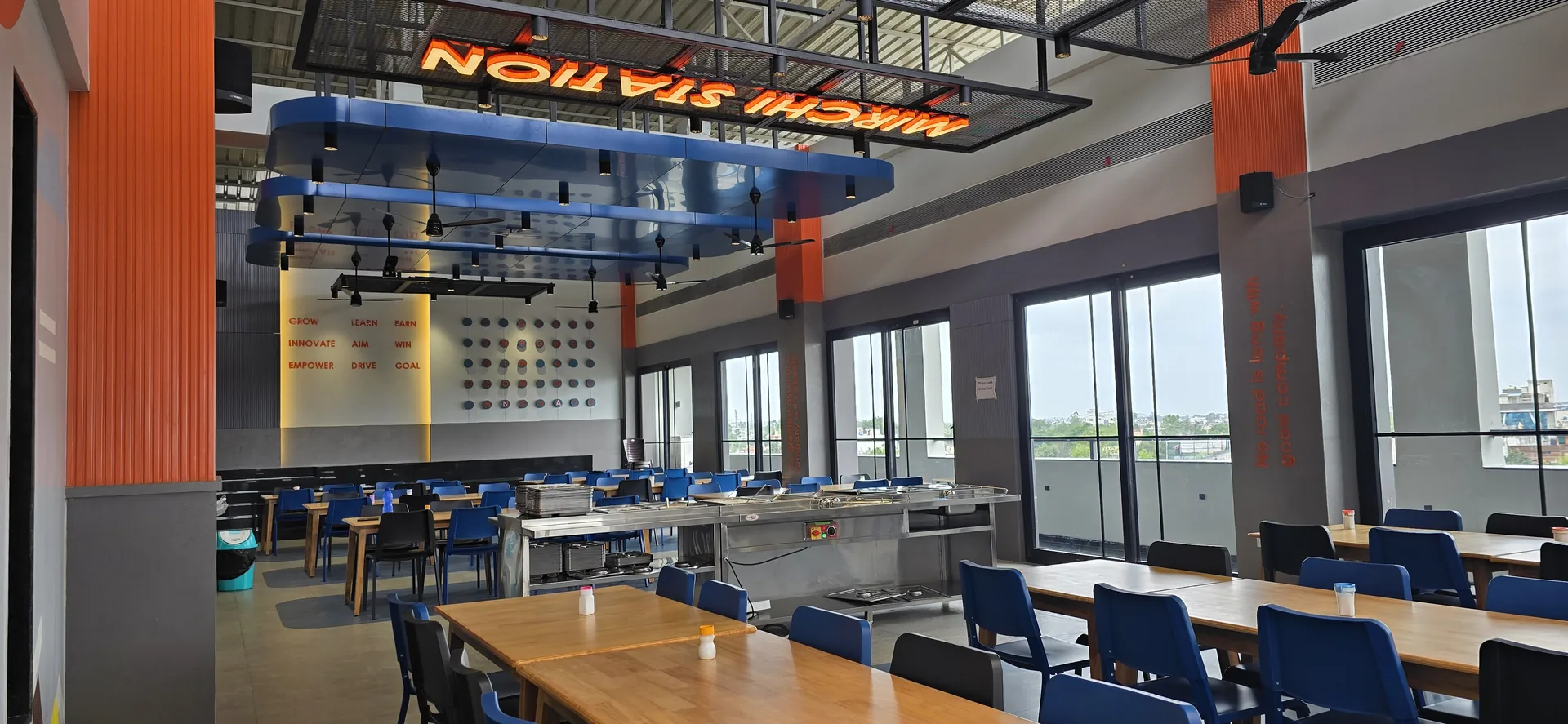 The top-floor cafeteria and dining hall at StaffCloud's Gondia office