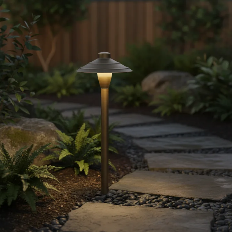 The same fitting in a generated garden path scene at dusk