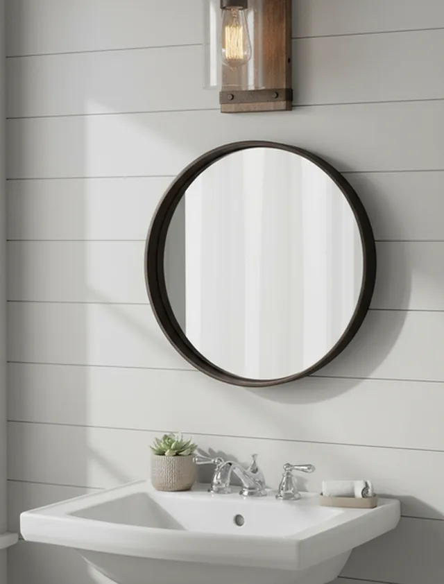The same sconce mounted in a generated bathroom interior